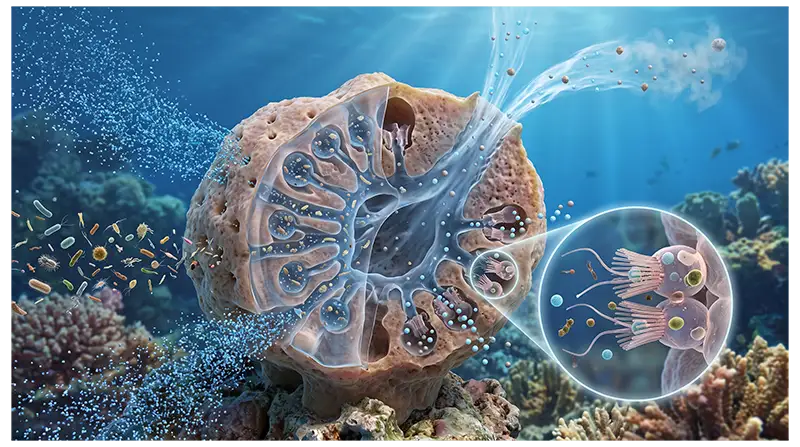 Porifera filtering water through pores and internal canals to capture food and obtain oxygen