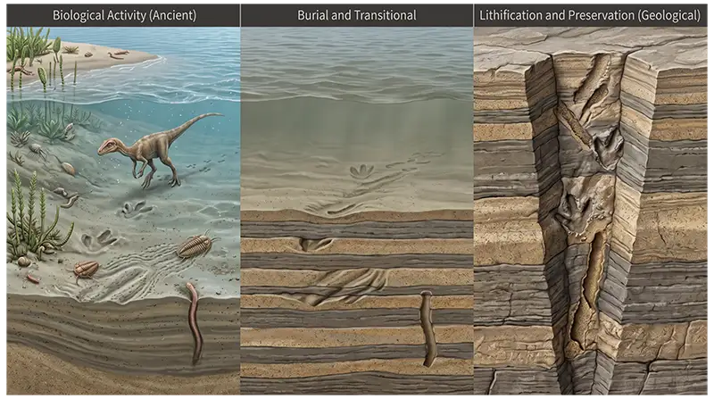 Trace fossil formation showing animal activity in soft sediment followed by burial, compaction, and preservation in sedimentary rock