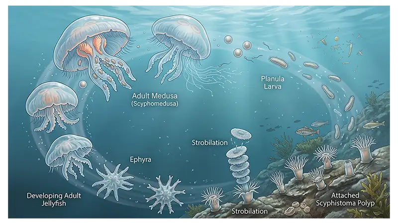 Scyphozoan life cycle showing planula, scyphistoma polyp, strobilation, ephyra, and adult medusa stages