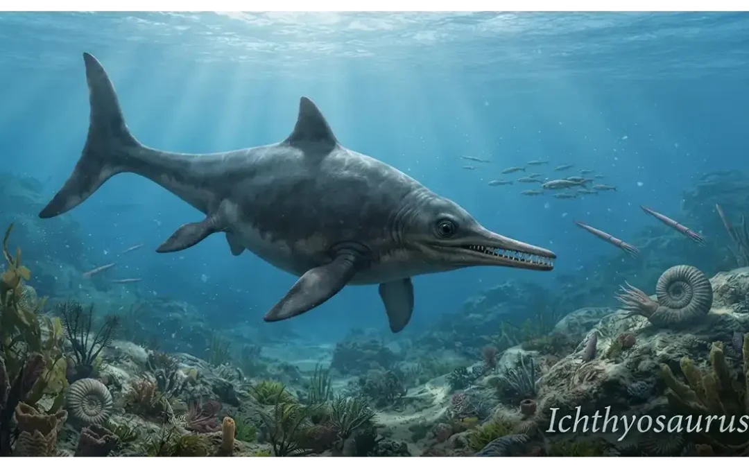 Ichthyosaurus marine reptile swimming in a Mesozoic ocean with a streamlined body, large eyes, and powerful tail