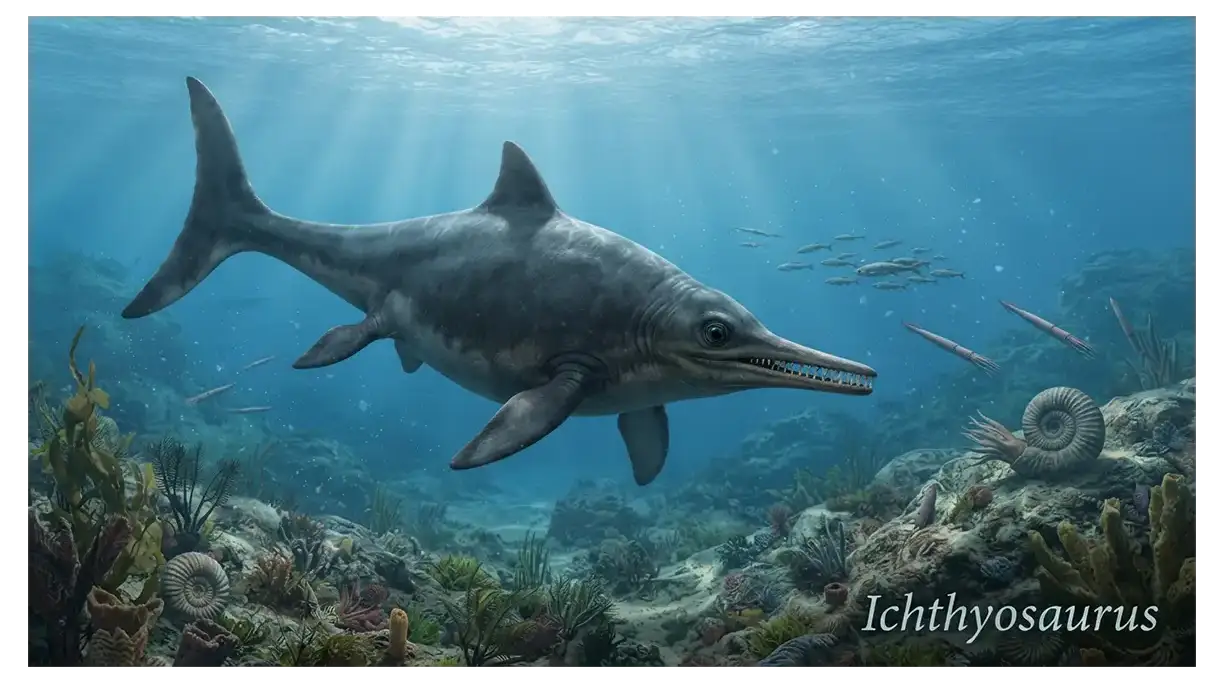 Ichthyosaurus marine reptile swimming in a Mesozoic ocean with a streamlined body, large eyes, and powerful tail
