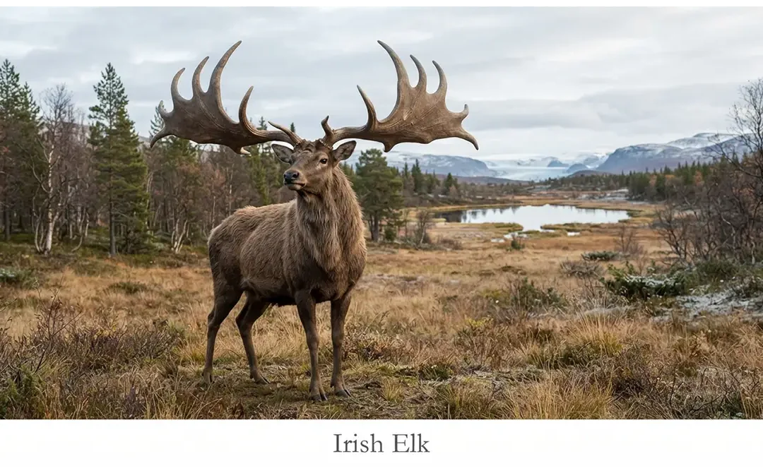 Irish elk Megaloceros giganteus with enormous antlers in a Pleistocene European landscape