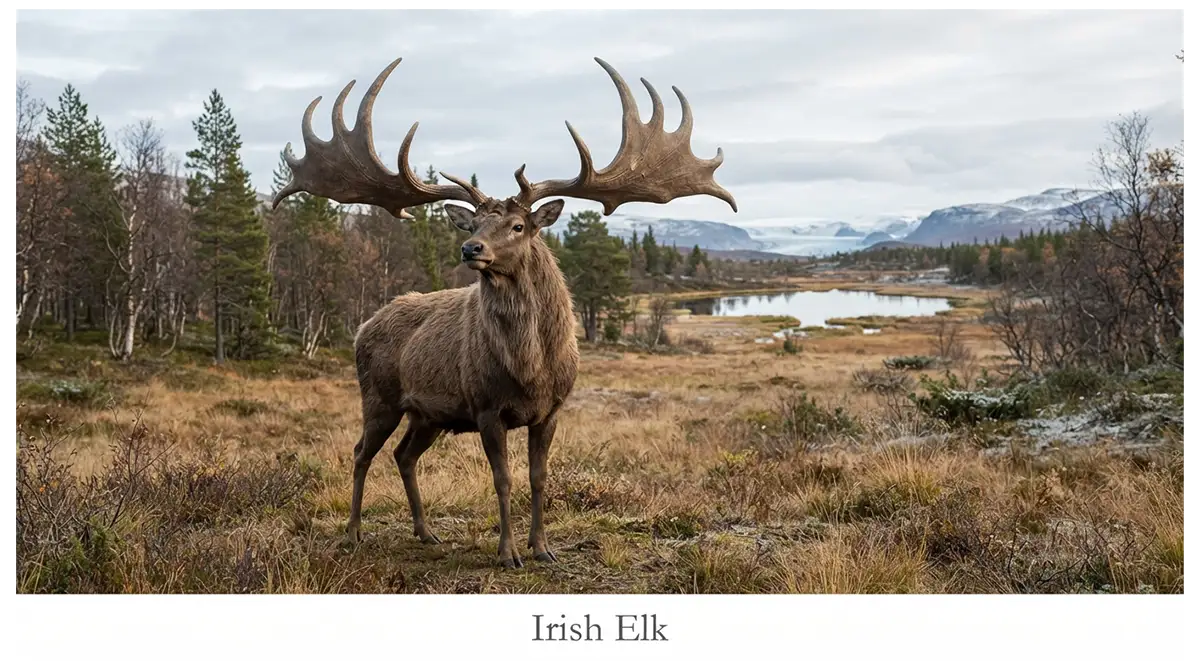 Irish elk Megaloceros giganteus with enormous antlers in a Pleistocene European landscape
