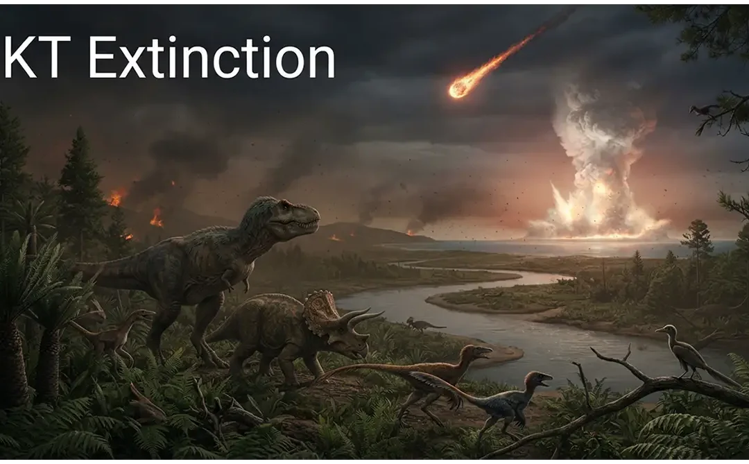 KT Extinction showing dinosaurs, asteroid impact, environmental changes, and surviving birds
