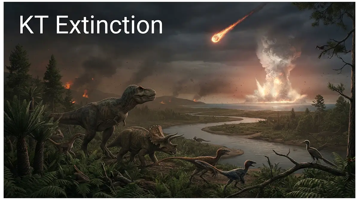 KT Extinction showing dinosaurs, asteroid impact, environmental changes, and surviving birds