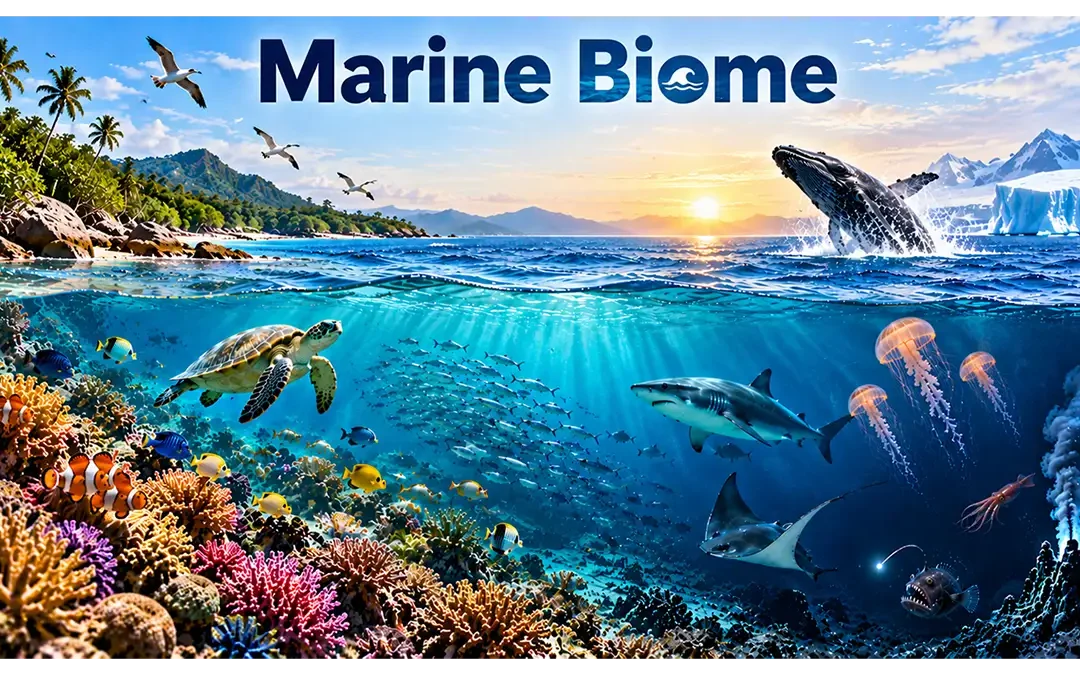 Marine biome with coral reefs, marine animals, coastal waters, and deep-sea habitats