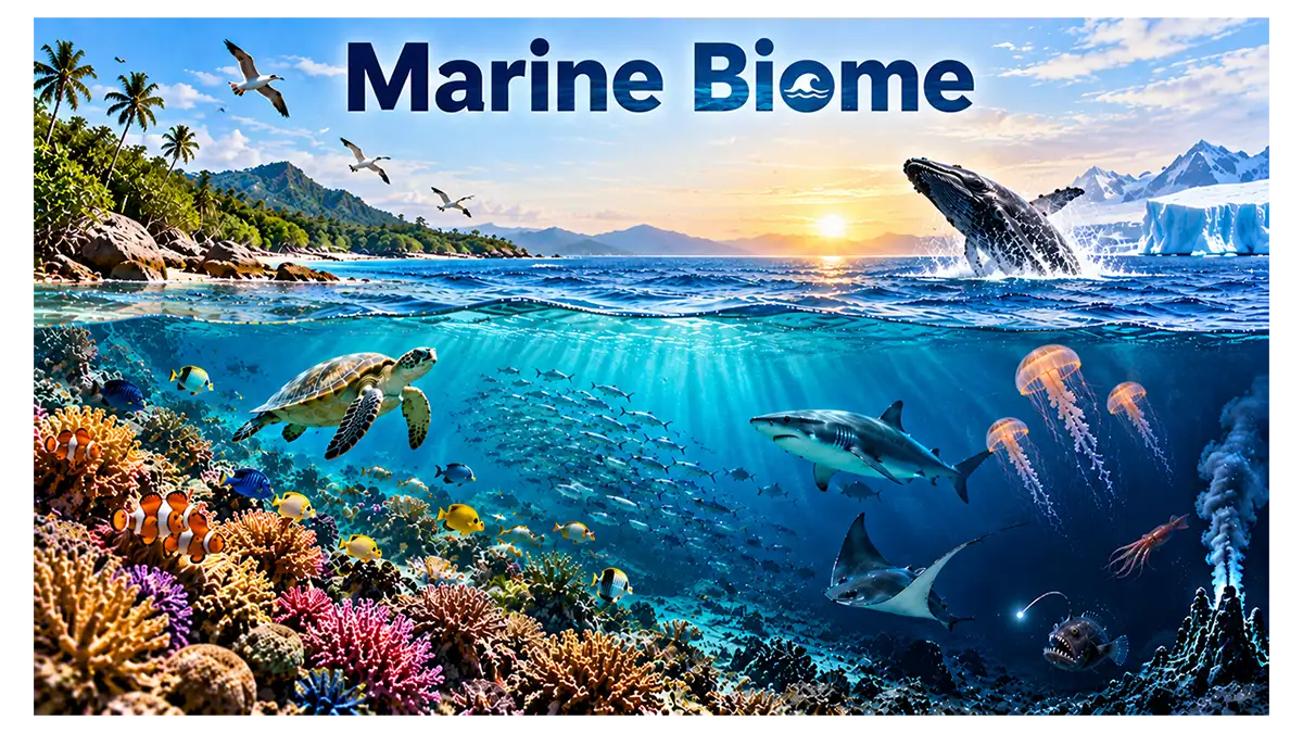 Marine biome with coral reefs, marine animals, coastal waters, and deep-sea habitats