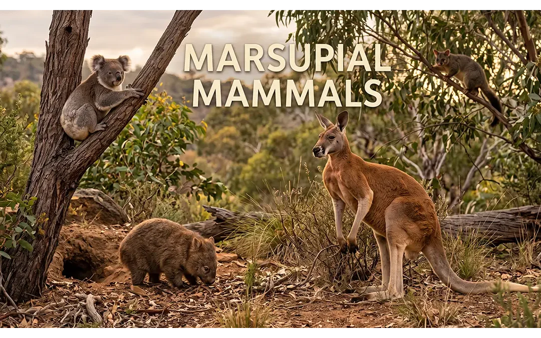 Marsupial mammals including a kangaroo, koala, wombat, and sugar glider in an Australian landscape