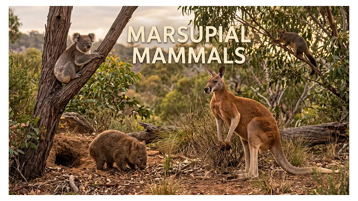 Marsupial mammals including a kangaroo, koala, wombat, and sugar glider in an Australian landscape