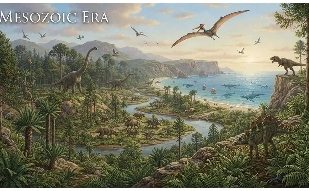 Mesozoic Era landscape with dinosaurs, pterosaurs, ancient plants, marine reptiles, and diverse prehistoric ecosystems