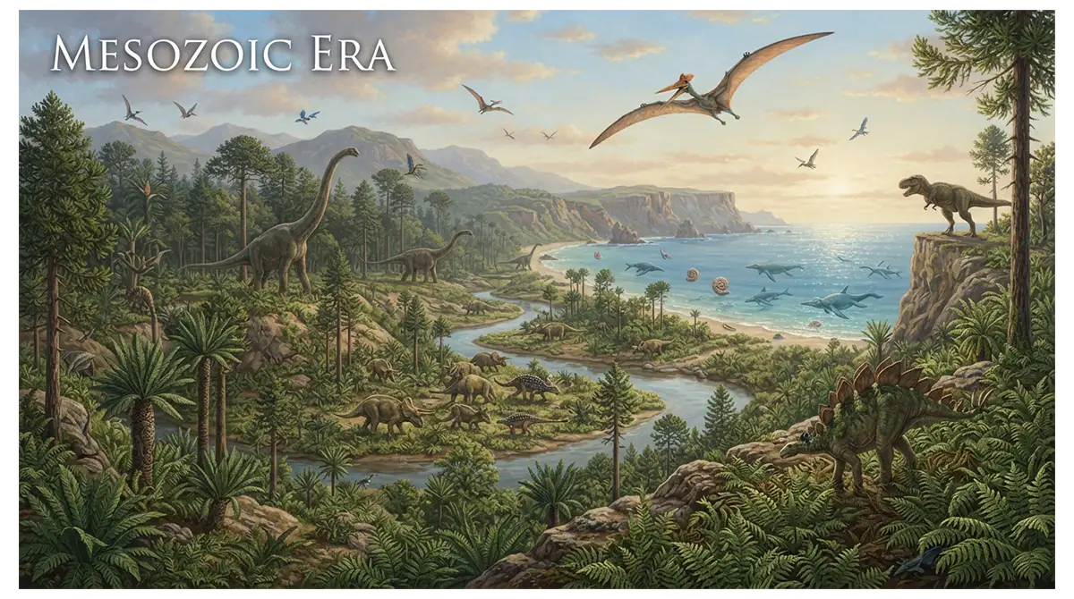 Mesozoic Era landscape with dinosaurs, pterosaurs, ancient plants, marine reptiles, and diverse prehistoric ecosystems
