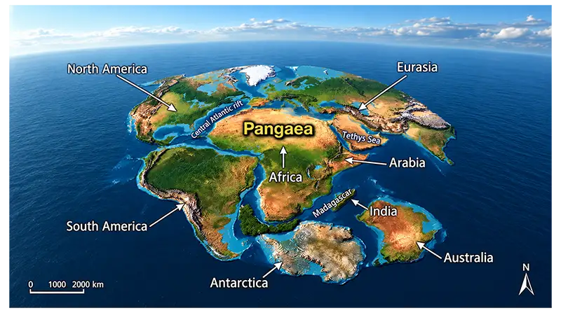Pangaea reconstruction showing the continents joined together as a large ancient supercontinent surrounded by ocean