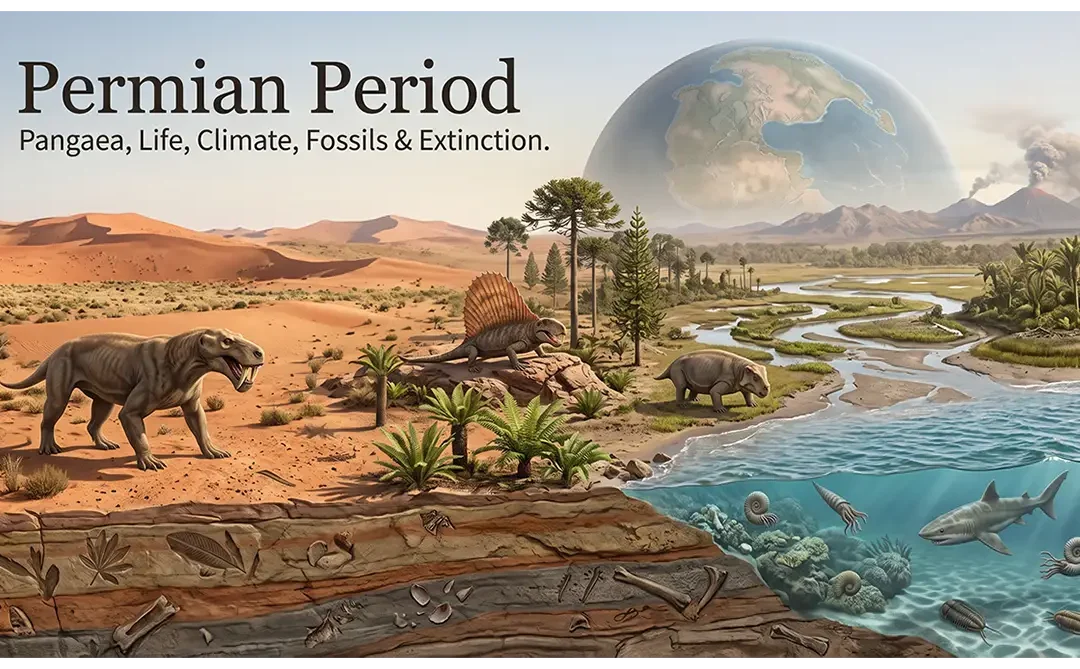 Permian landscape with Pangaea, ancient animals, plants, deserts, and volcanic activity