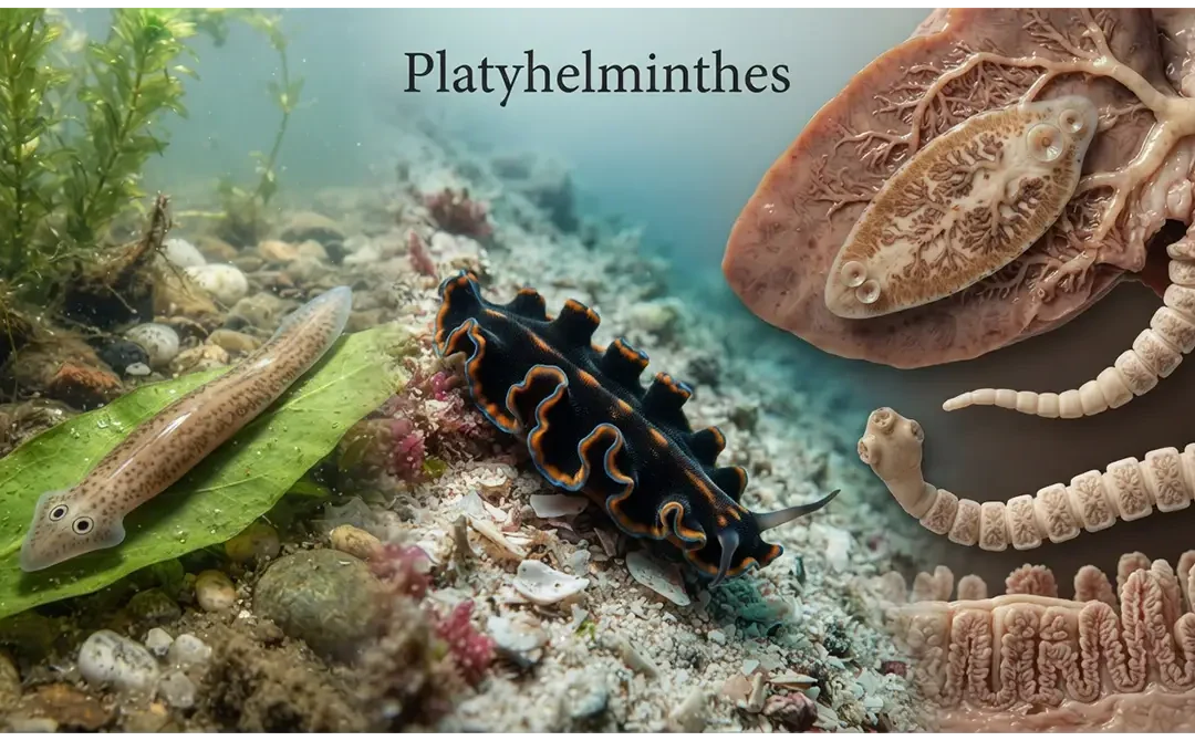 Platyhelminthes flatworms including planarian, fluke, and tapeworm in freshwater, marine, and host-associated environments