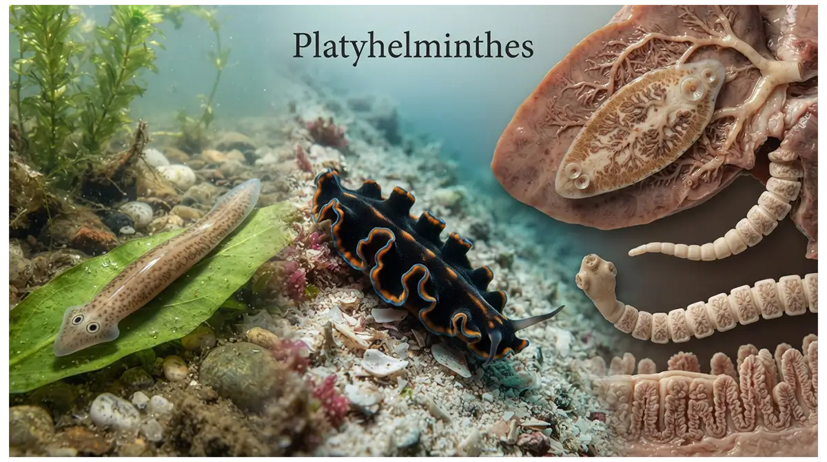 Platyhelminthes flatworms including planarian, fluke, and tapeworm in freshwater, marine, and host-associated environments
