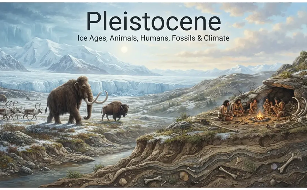Pleistocene Ice Age landscape with glaciers, mammoths, early humans, fossils, and changing climate