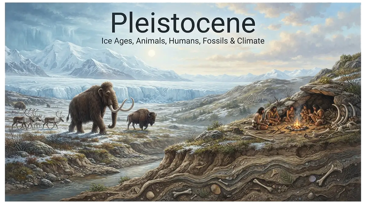 Pleistocene Ice Age landscape with glaciers, mammoths, early humans, fossils, and changing climate