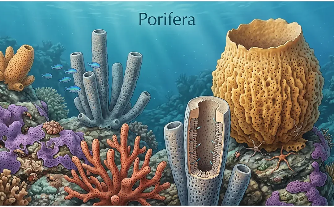 Porifera sponges with porous bodies, water channels, and diverse aquatic habitats