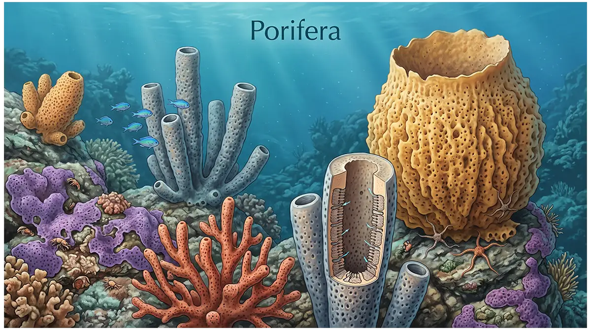 Porifera sponges with porous bodies, water channels, and diverse aquatic habitats