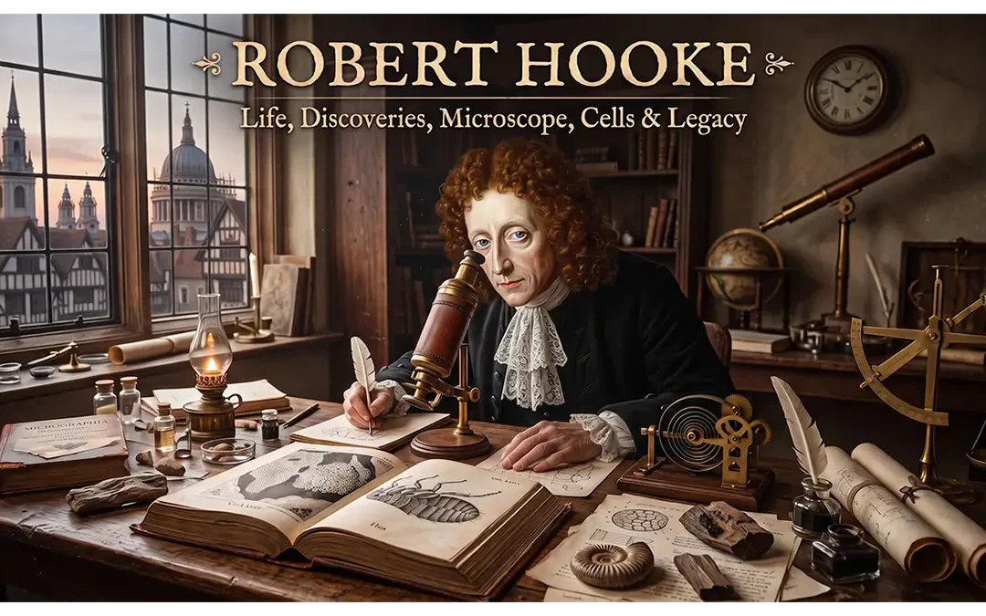 Robert Hooke examining a microscope with cells, Micrographia, fossils, and scientific instruments
