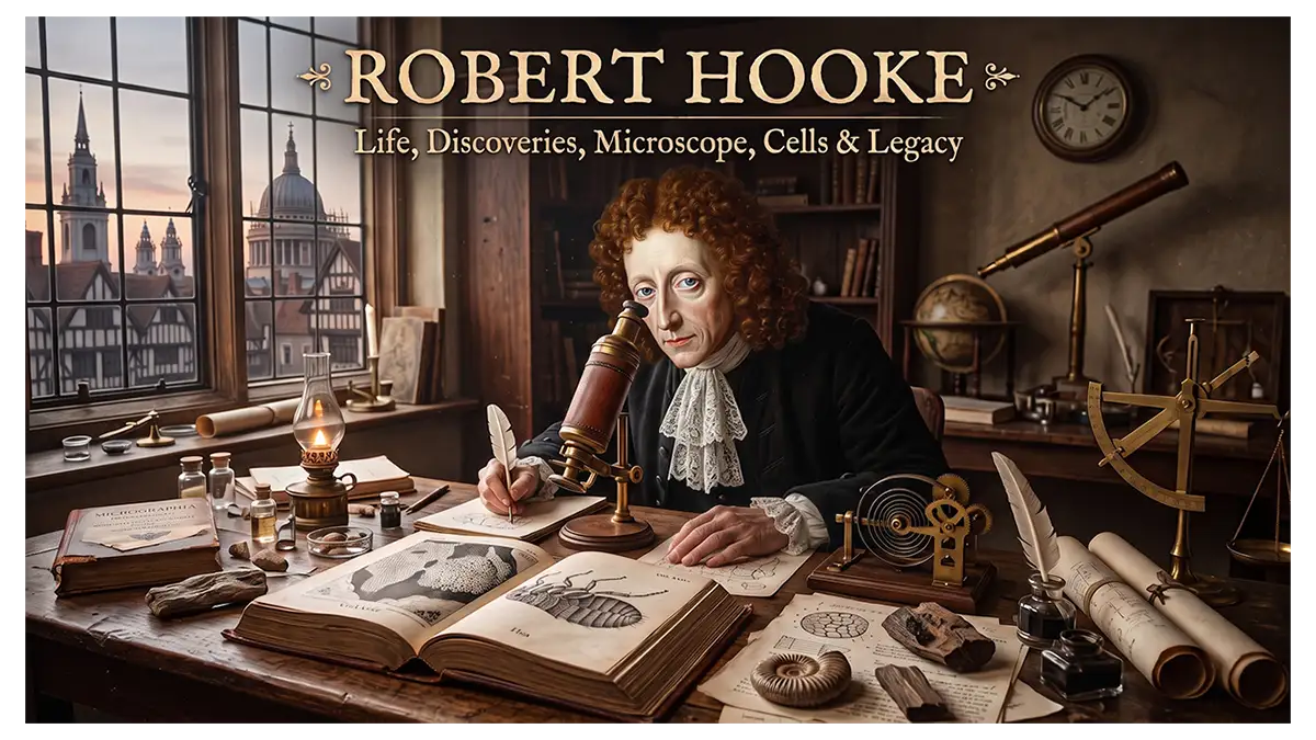 Robert Hooke examining a microscope with cells, Micrographia, fossils, and scientific instruments