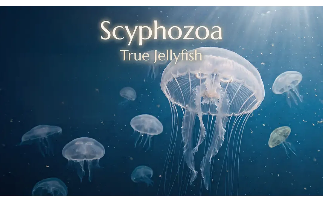 Scyphozoa true jellyfish swimming in a deep marine environment