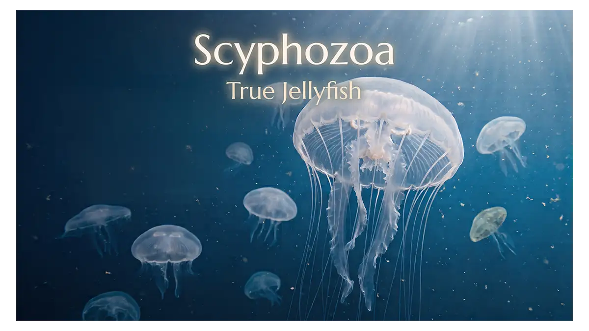 Scyphozoa true jellyfish swimming in a deep marine environment