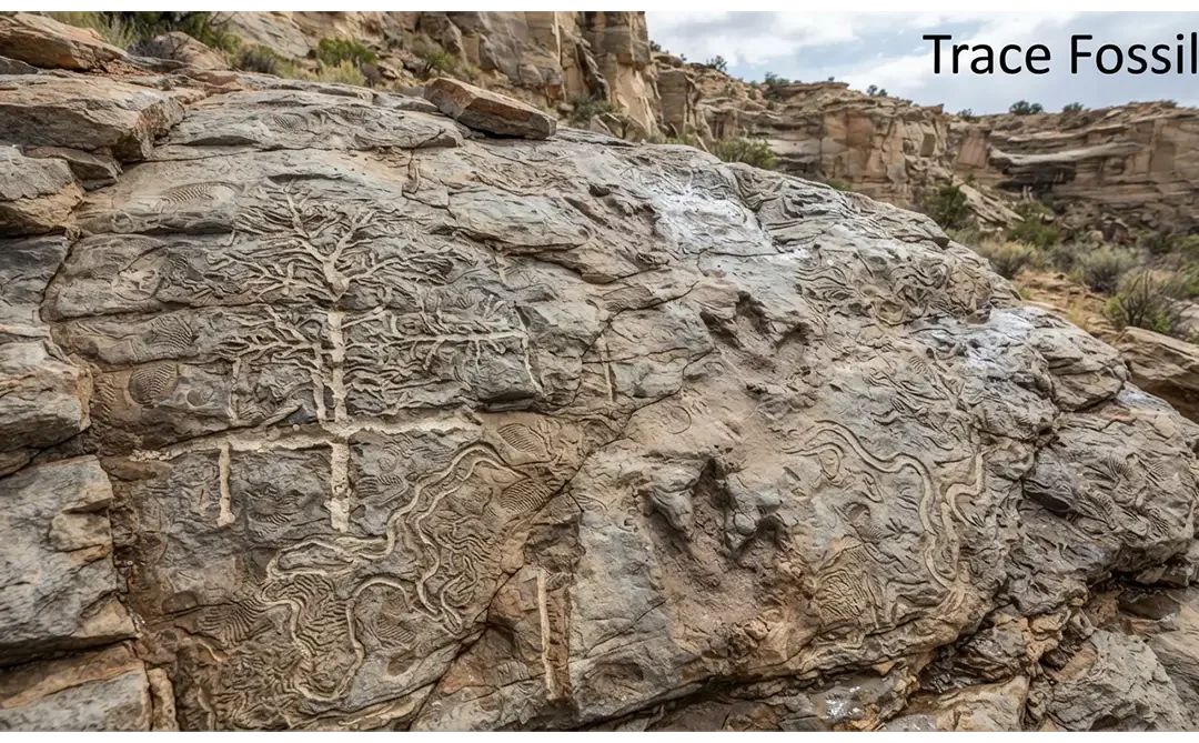 Trace fossils including dinosaur footprints, trackways, burrows, trails, feeding traces, and coprolites preserved in sedimentary rock