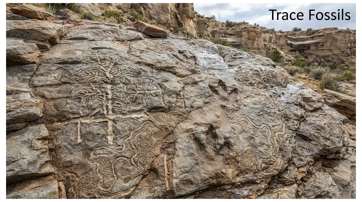 Trace fossils including dinosaur footprints, trackways, burrows, trails, feeding traces, and coprolites preserved in sedimentary rock
