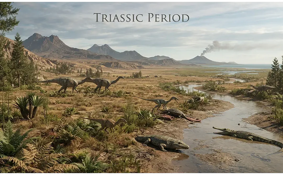 Triassic Period landscape with early dinosaurs, Pangaea, ancient plants, reptiles, and changing environments