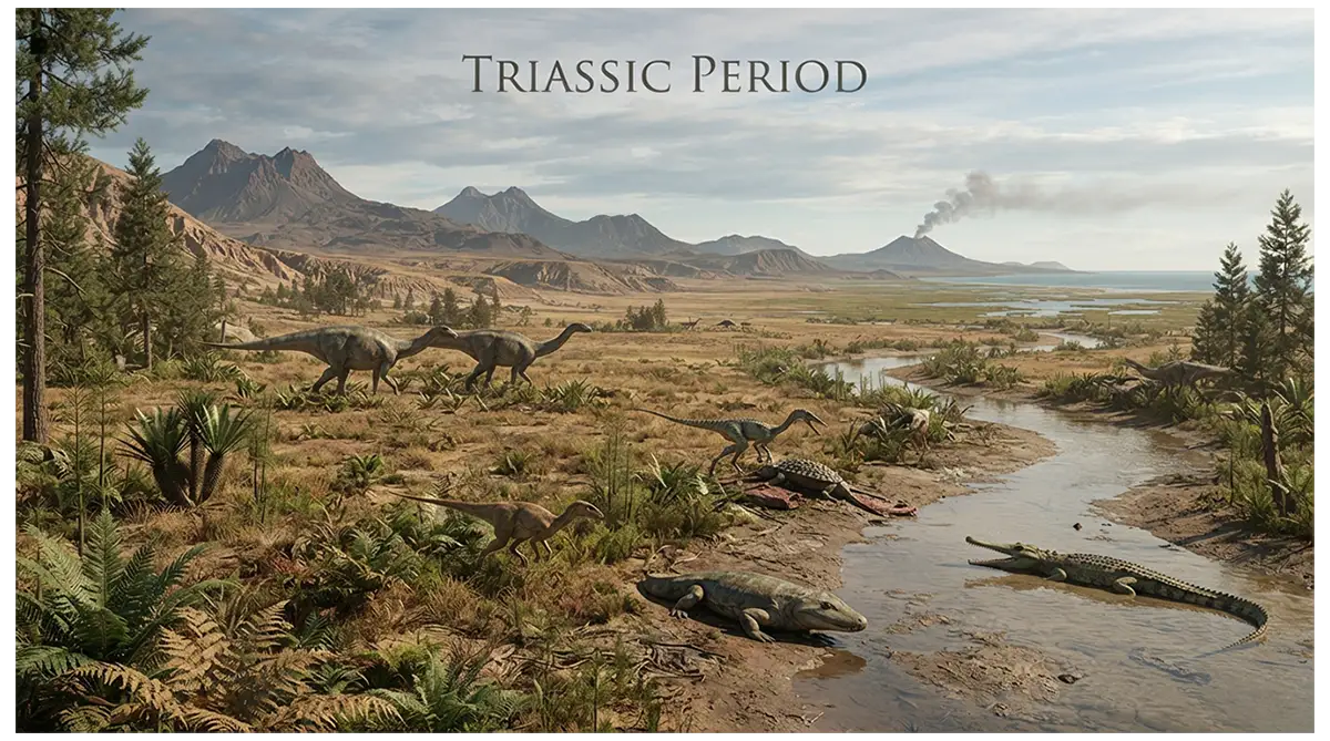 Triassic Period landscape with early dinosaurs, Pangaea, ancient plants, reptiles, and changing environments