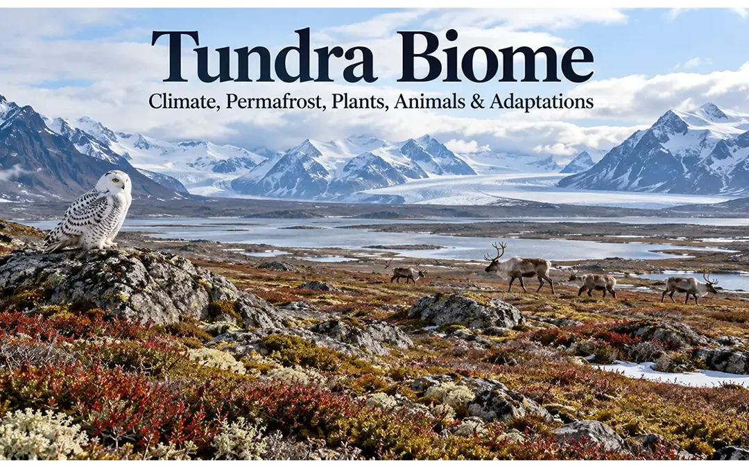 Arctic tundra biome with low vegetation, caribou, snowy owl, mountains, and meltwater ponds
