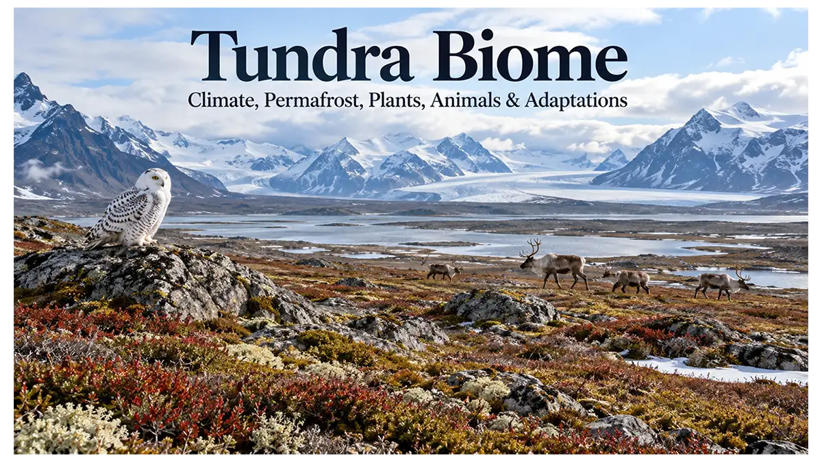 Arctic tundra biome with low vegetation, caribou, snowy owl, mountains, and meltwater ponds