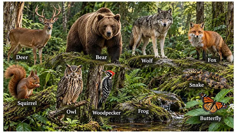 Forest animals including deer, bear, wolf, fox, squirrel, owl, frog, snake, and butterfly