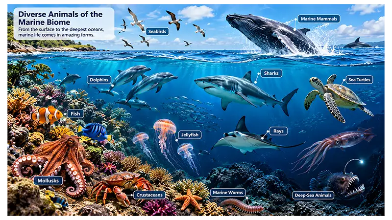 Marine animals including fish, sharks, turtles, rays, jellyfish, and mammals