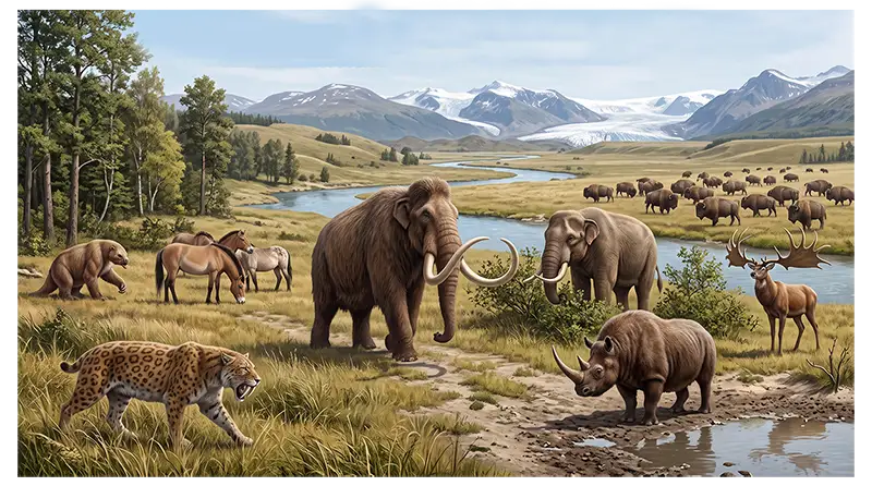 Pleistocene animals including woolly mammoth, mastodon, saber-toothed cat, and giant ground sloth