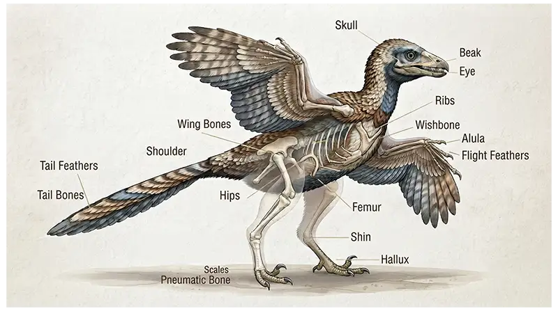 Feathered avian dinosaur showing wings, feathers, tail, and theropod features