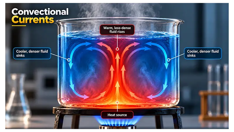 Convectional currents showing warm liquid rising and cooler liquid sinking in a heated container
