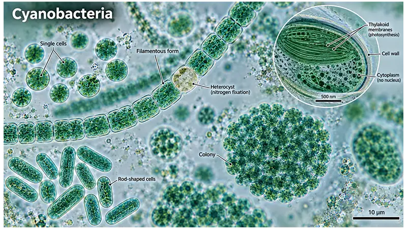 Microscopic cyanobacteria showing unicellular, colonial, and filamentous forms