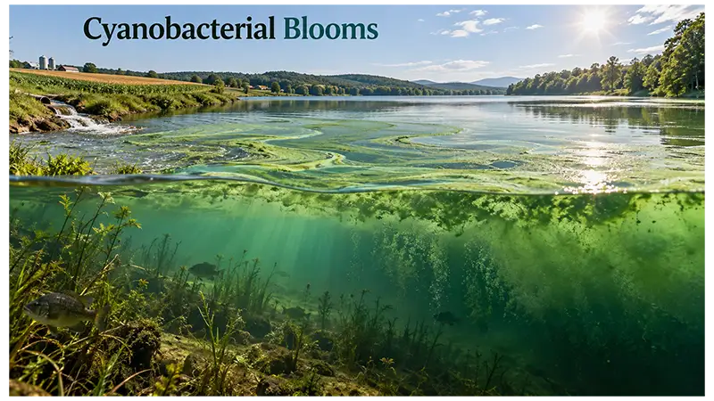 Cyanobacterial bloom covering the surface of a nutrient-rich freshwater lake