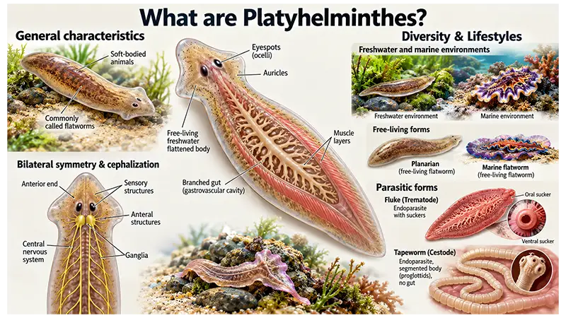 Platyhelminthes showing a free-living planarian, fluke, and tapeworm representing diverse flatworm forms
