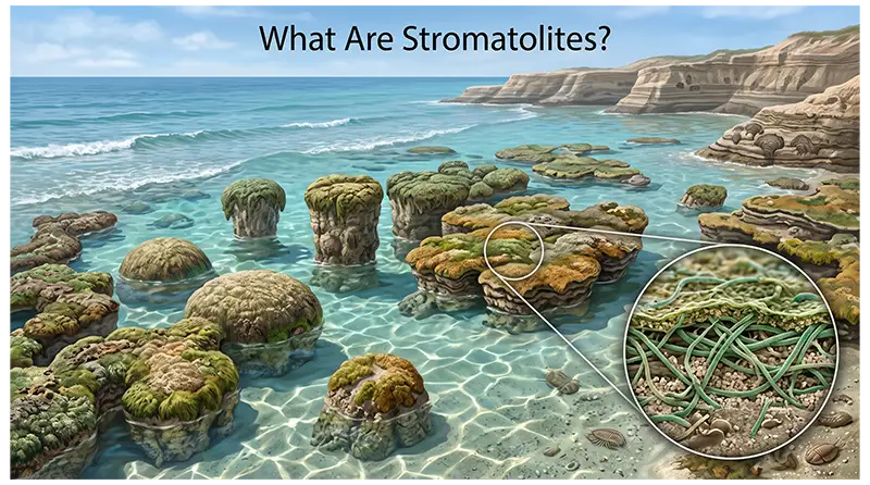 Layered stromatolites formed by microbial communities containing cyanobacteria in shallow water