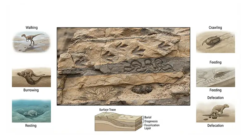 Trace fossils showing dinosaur footprints, animal burrows, trails, feeding marks, and other evidence of ancient biological activity
