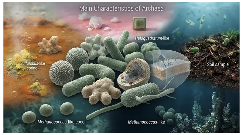 Archaea showing distinctive cell membranes, single-celled organization, diverse metabolism, and environmental adaptations