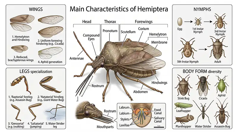 Hemiptera showing piercing-sucking mouthparts, wings, nymphs, specialized legs, and diverse body forms