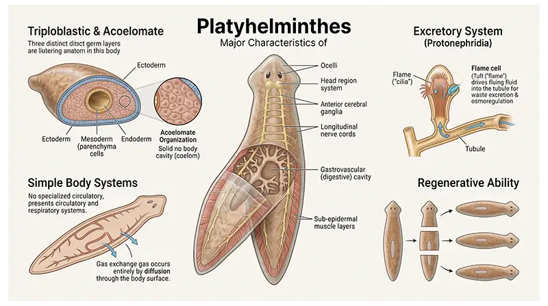 Platyhelminthes showing bilateral symmetry, flattened body, simple organ systems, soft tissues, and regenerative ability