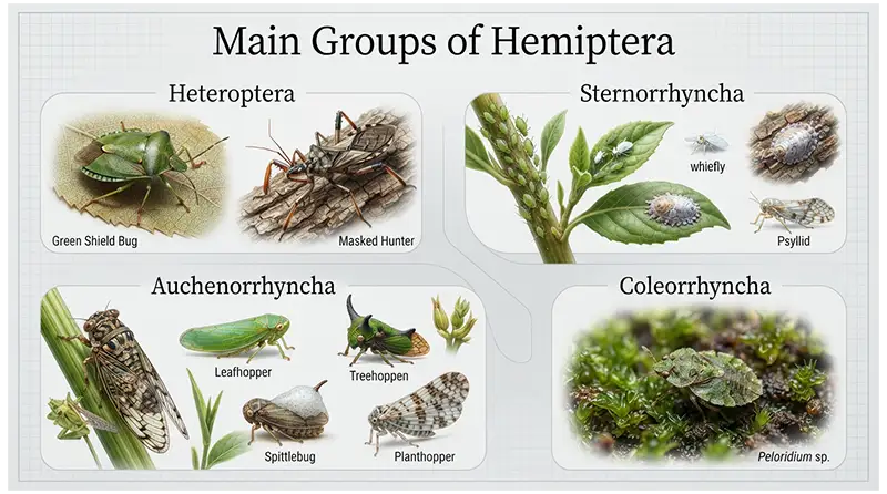 Major Hemiptera groups including Heteroptera, Sternorrhyncha, Auchenorrhyncha, and Coleorrhyncha