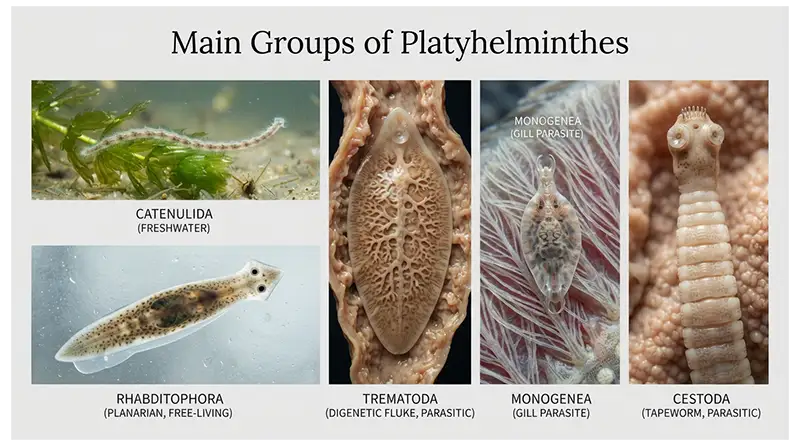 Major Platyhelminthes groups including planarians, catenulids, flukes, monogeneans, and tapeworms