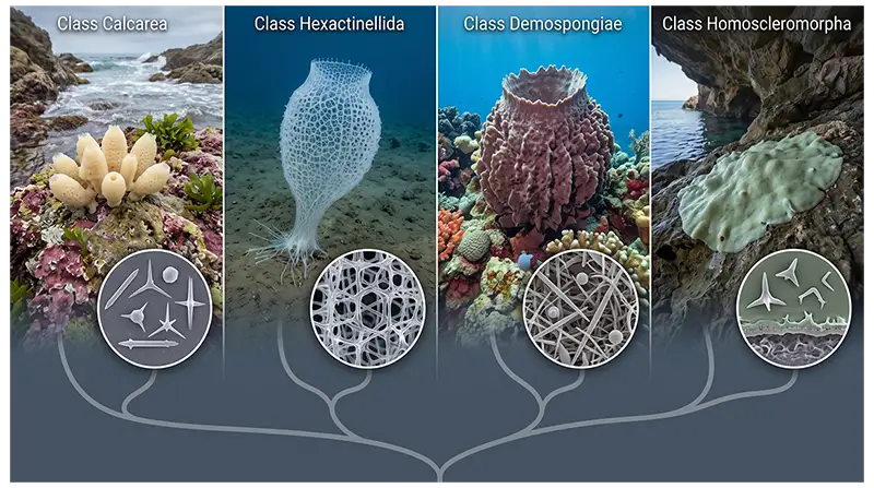 Major Porifera groups including calcareous sponges, glass sponges, demosponges, and homoscleromorphs