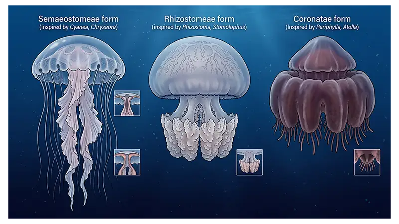 Different Scyphozoan jellyfish forms representing major groups within the class
